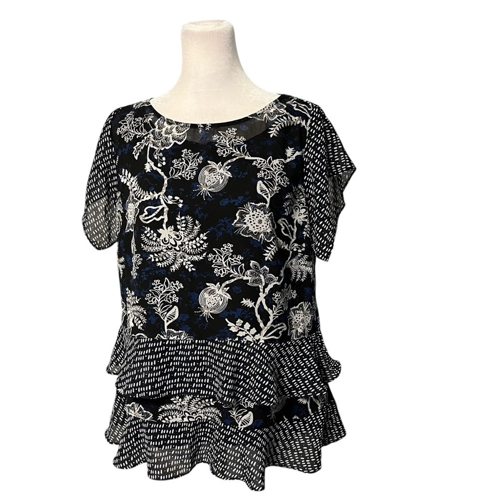 Cabi Black Floral Hybrid Blouse #5355 Size Small